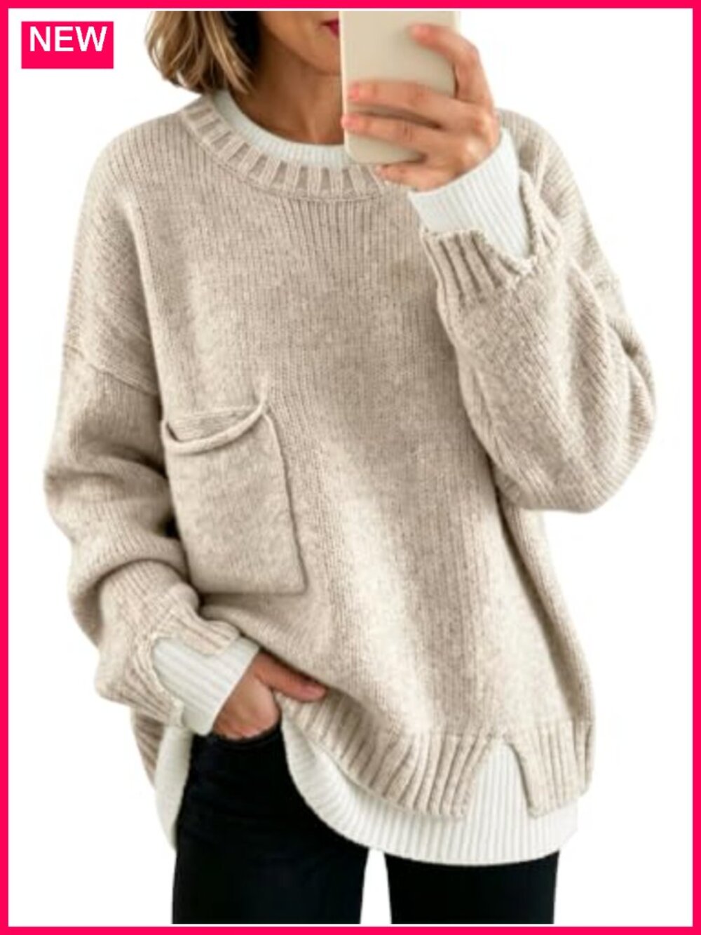 Wool Blend Oversized Chunky Knit Sweater Crew Neck Pullover